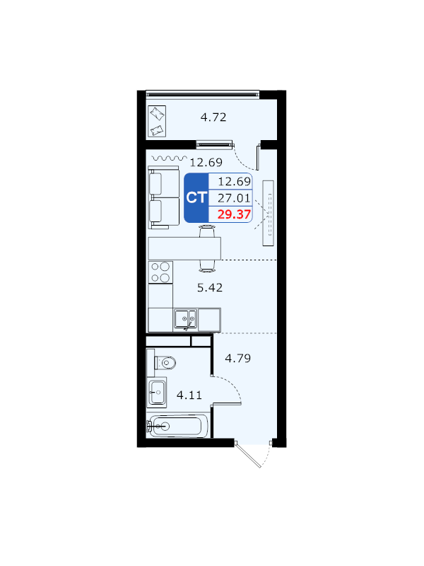 Студия 28,9 м²