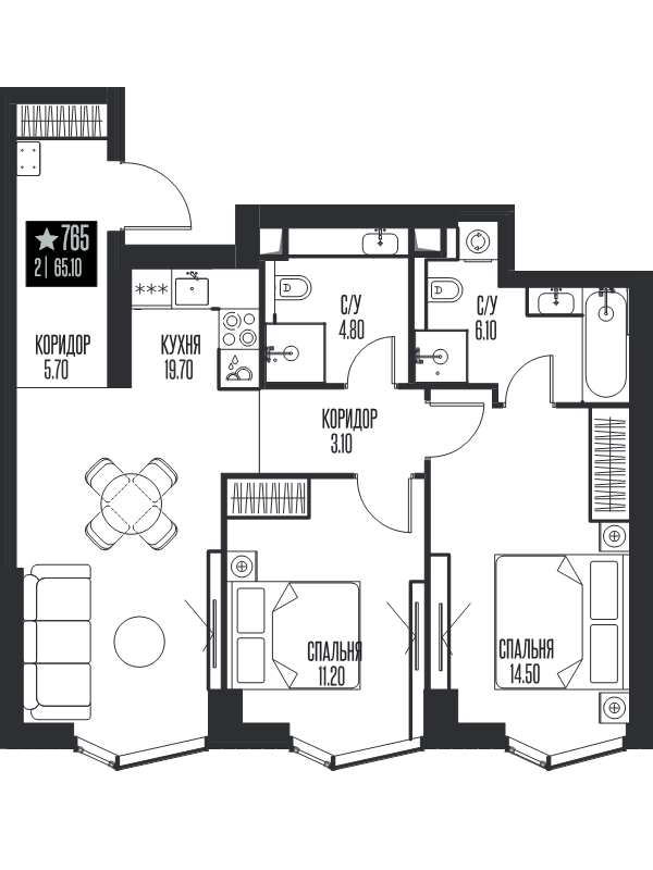 3 ккв (Евро) 65,1 м²