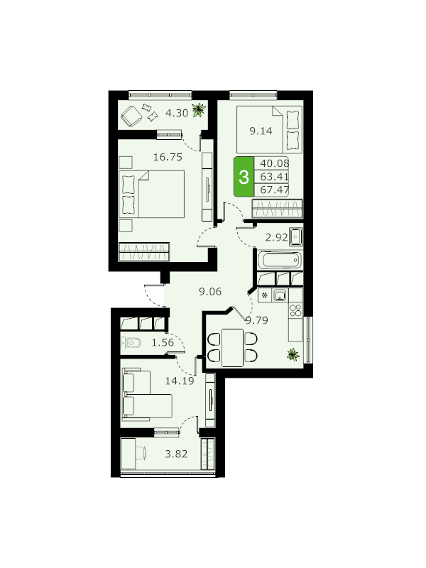 3 ккв 67,5 м²