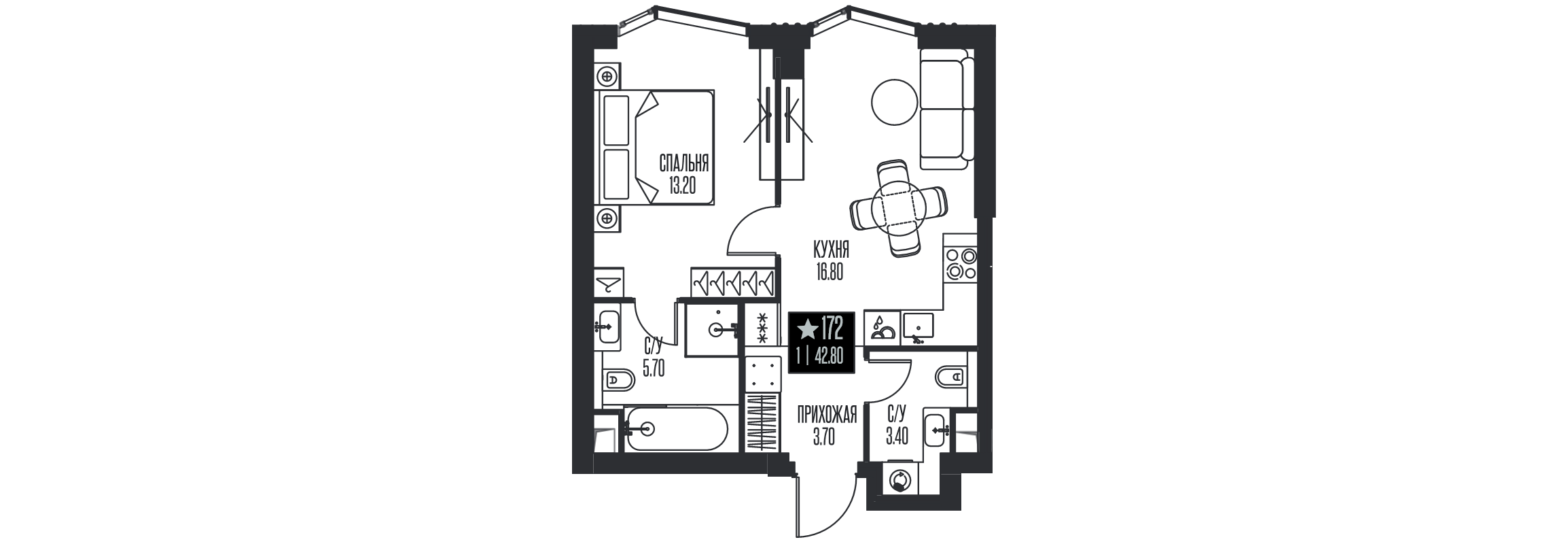 2 ккв (Евро) 42,8 м²
