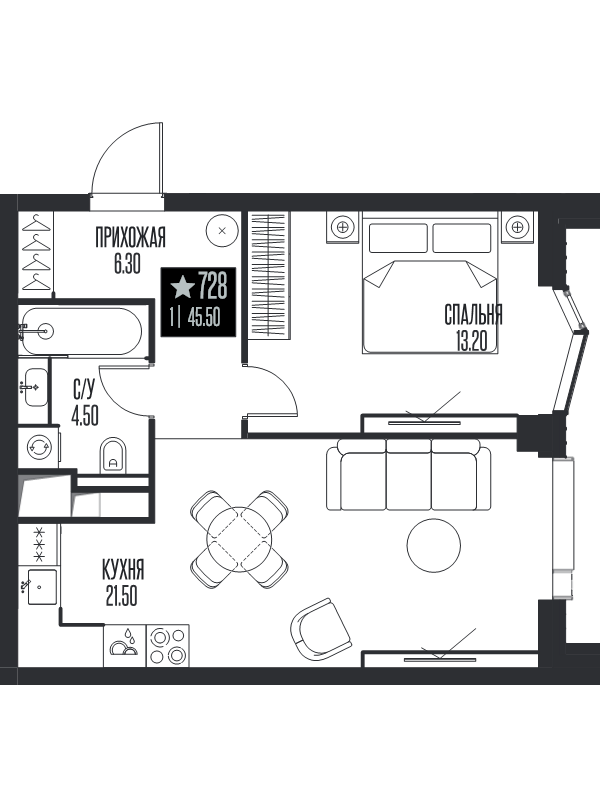 2 ккв (Евро) 45,5 м²