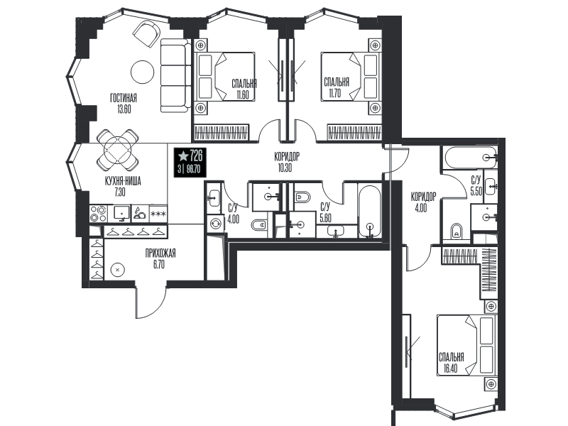 4 ккв (Евро) 96,7 м²