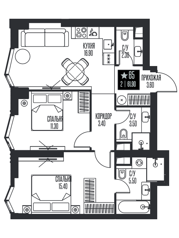 3 ккв (Евро) 61,9 м²