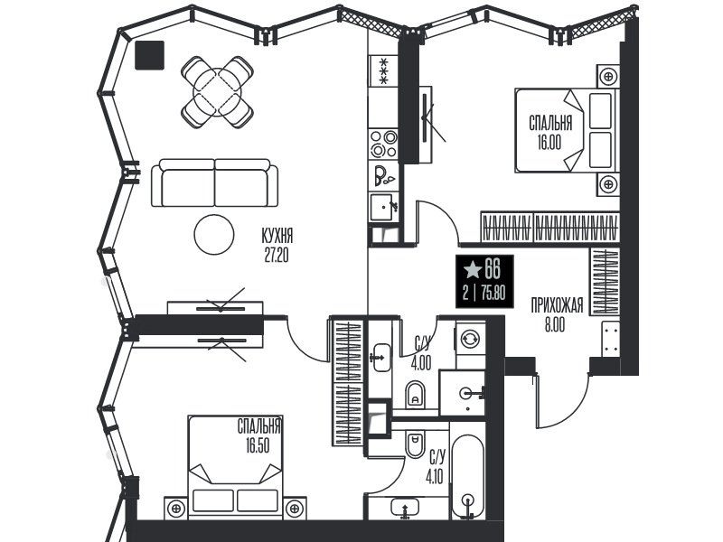 3 ккв (Евро) 75,8 м²