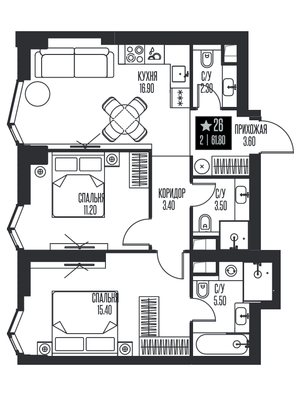 3 ккв (Евро) 61,8 м²