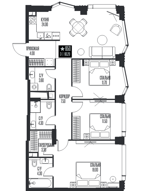 4 ккв (Евро) 93,2 м²