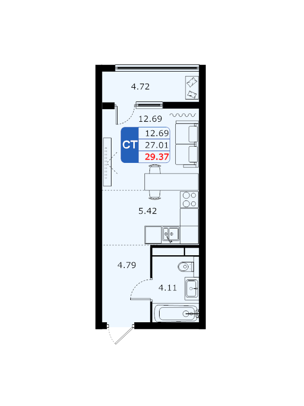 Студия 29,1 м²