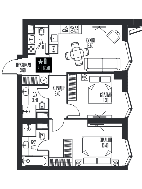3 ккв (Евро) 60,7 м²