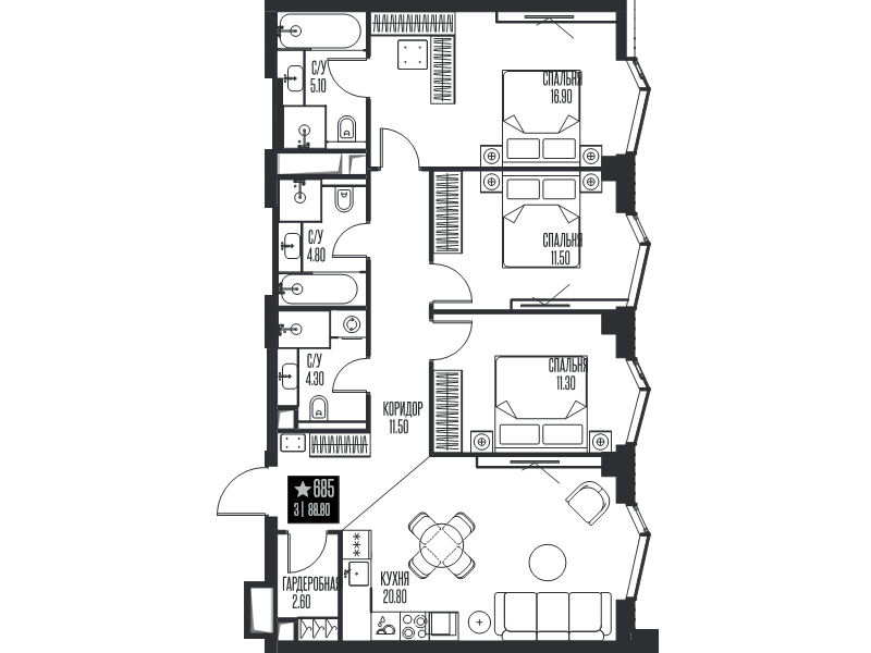 4 ккв (Евро) 88,8 м²