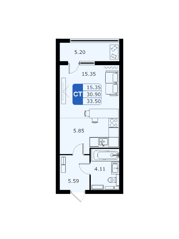 Студия 33,1 м²