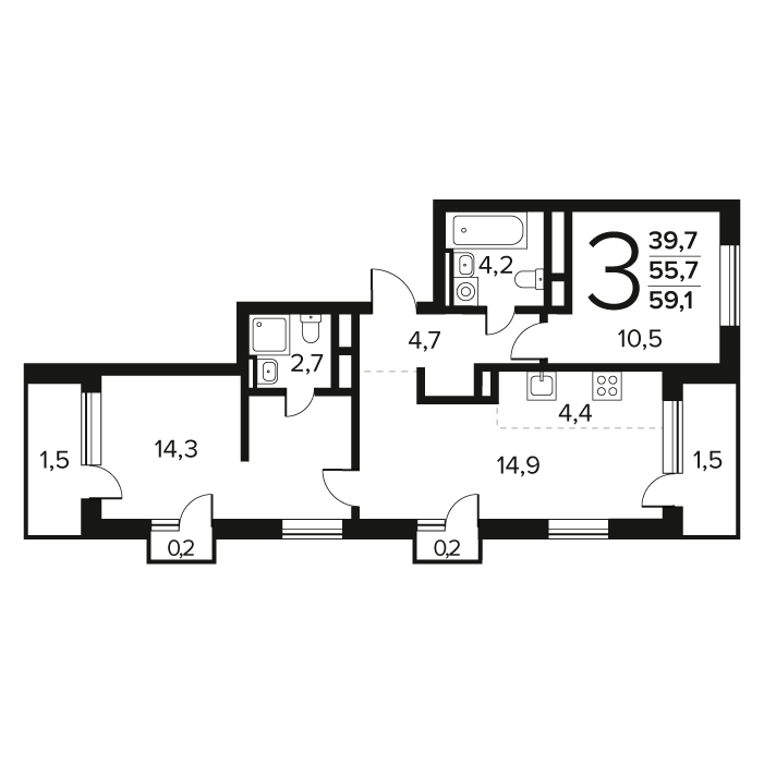 3 ккв (Евро) 59,1 м²