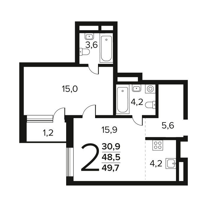 2 ккв (Евро) 49,7 м²