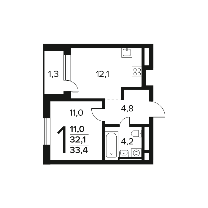 1 ккв 33,4 м²