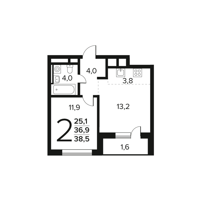2 ккв (Евро) 38,5 м²