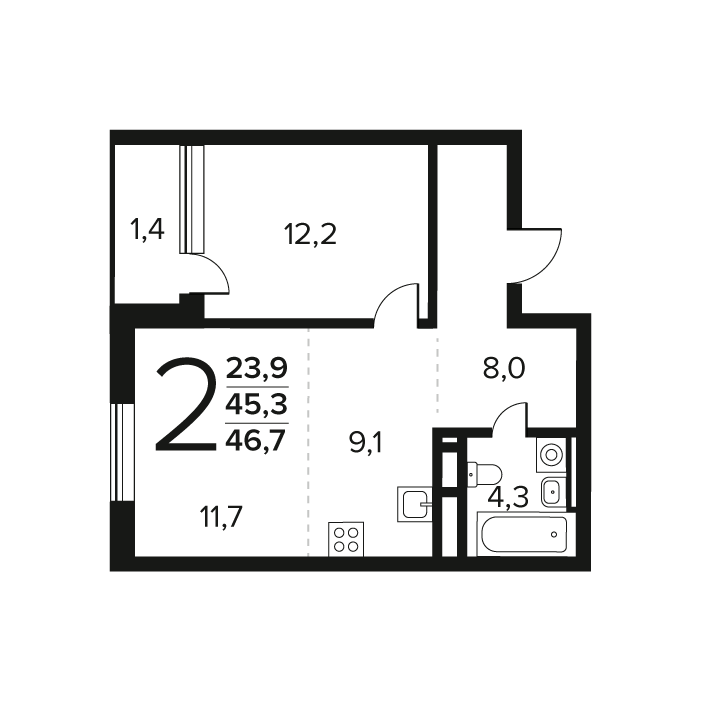 2 ккв (Евро) 46,7 м²