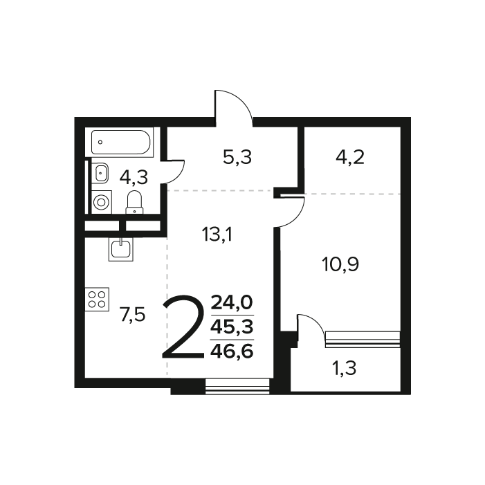 2 ккв (Евро) 46,7 м²