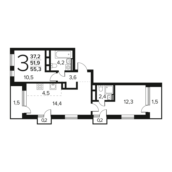 3 ккв (Евро) 55,3 м²