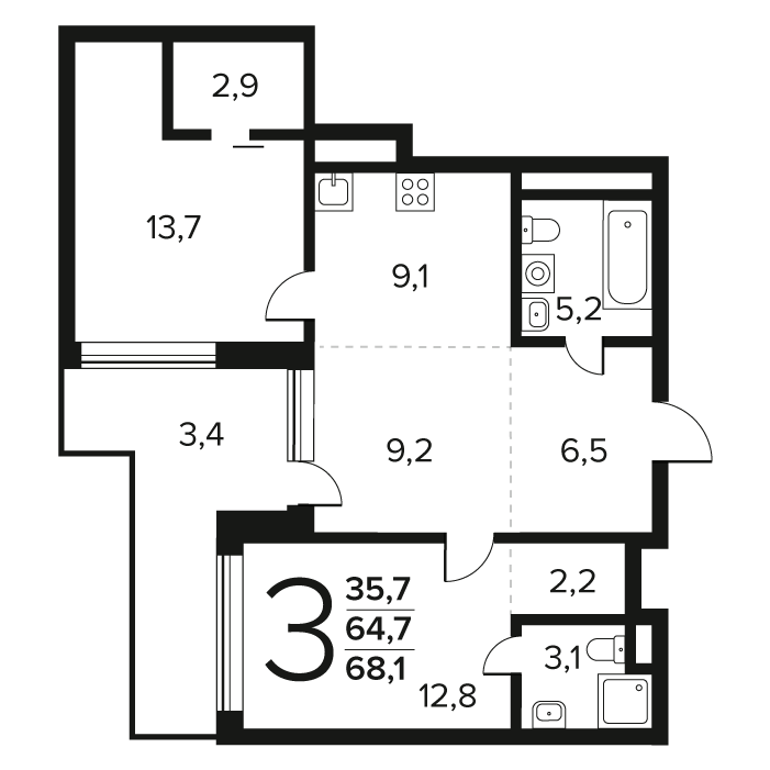 3 ккв (Евро) 68,1 м²
