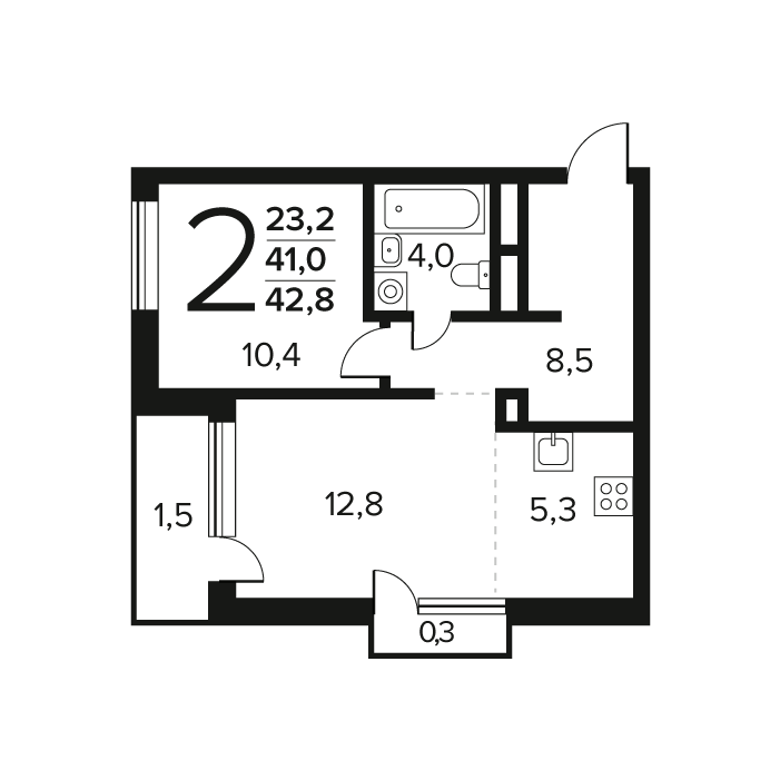 2 ккв (Евро) 42,8 м²