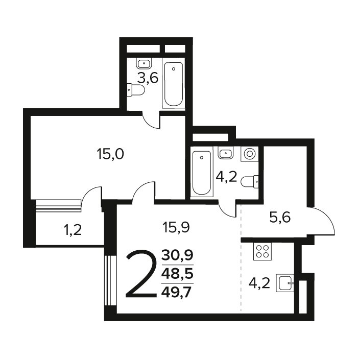 2 ккв (Евро) 49,7 м²
