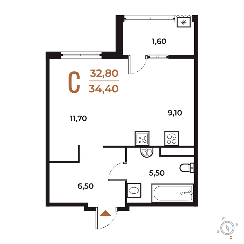 Студия 34,4 м²