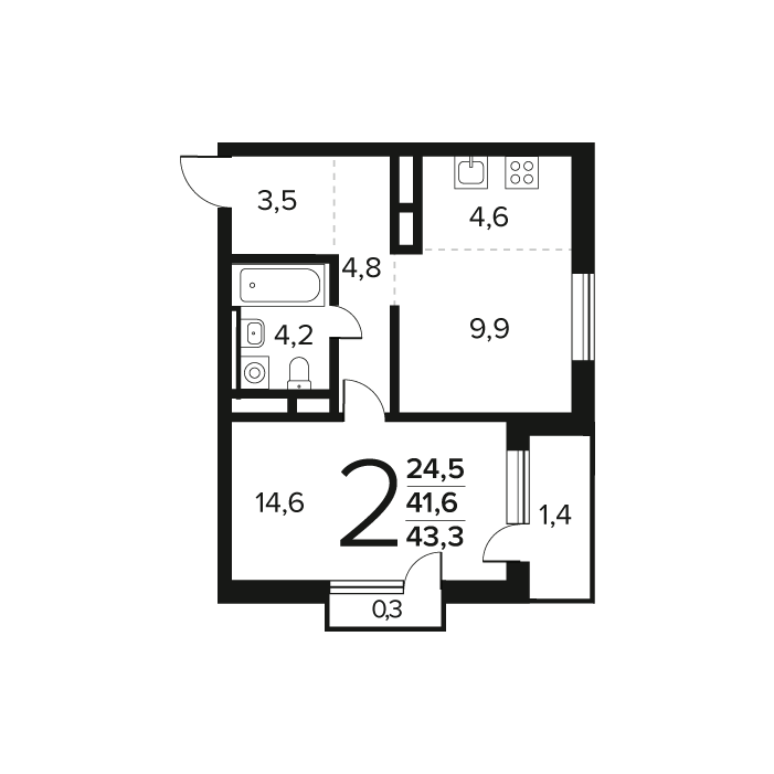 1 ккв 43,3 м²