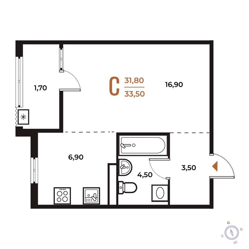 Студия 33,5 м²