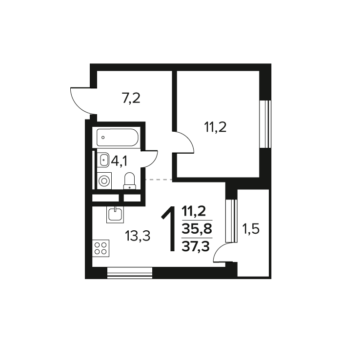 1 ккв 37,3 м²