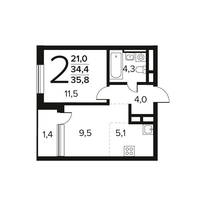1 ккв 35,8 м²