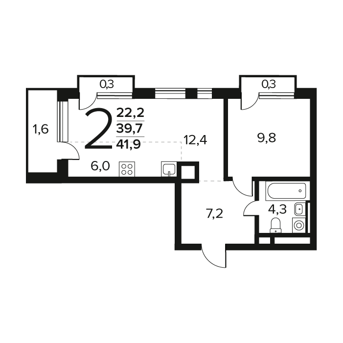 2 ккв (Евро) 41,9 м²