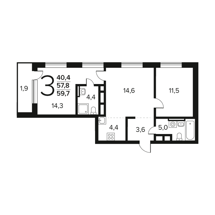 3 ккв (Евро) 59,7 м²