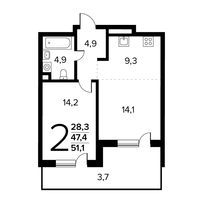 2 ккв (Евро) 51,1 м²