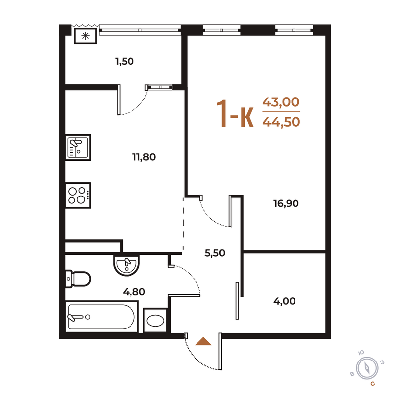 1 ккв 44,5 м²
