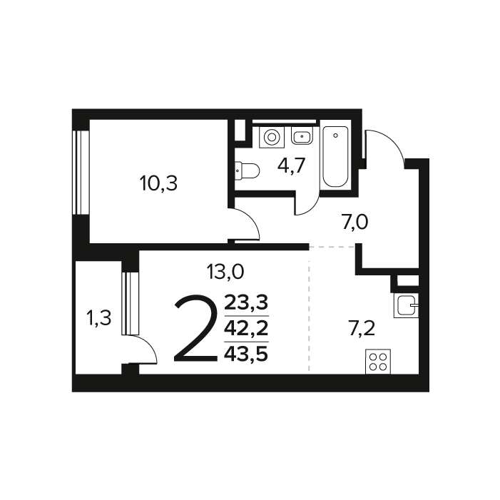 2 ккв (Евро) 43,5 м²
