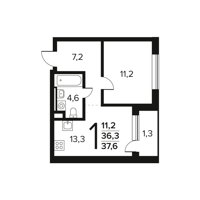 1 ккв 37,6 м²