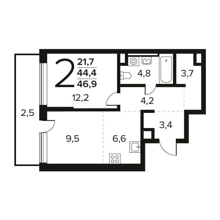 2 ккв (Евро) 46,9 м²