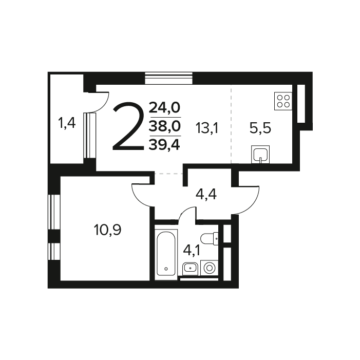 2 ккв (Евро) 39,4 м²
