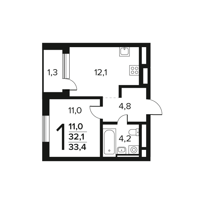 1 ккв 33,4 м²
