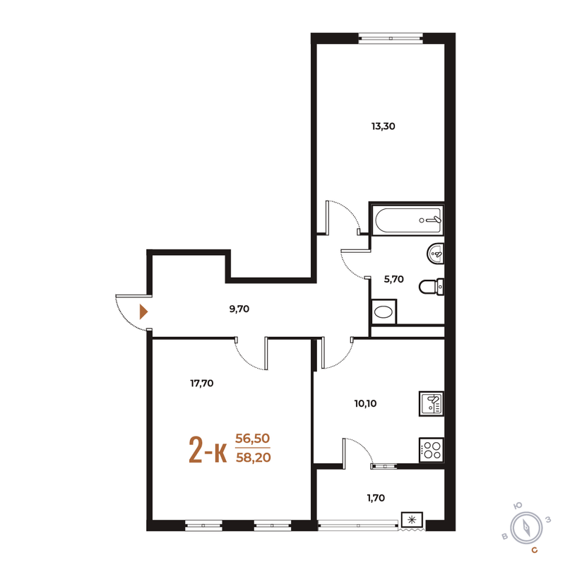 2 ккв 58,2 м²