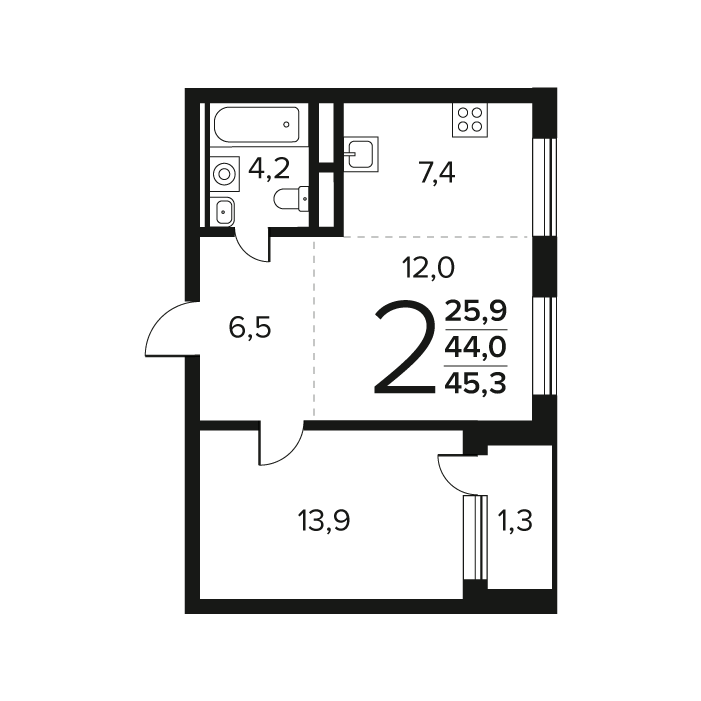 2 ккв (Евро) 45,3 м²