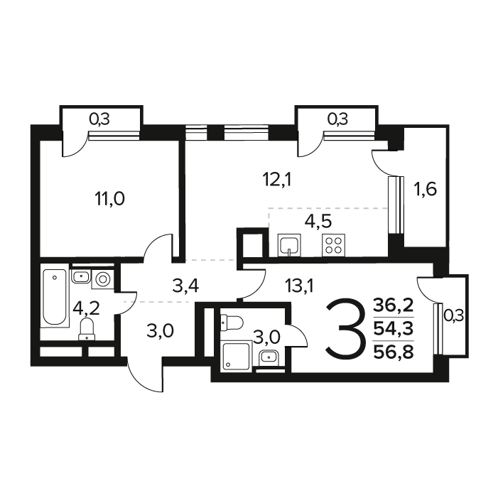 3 ккв (Евро) 56,8 м²