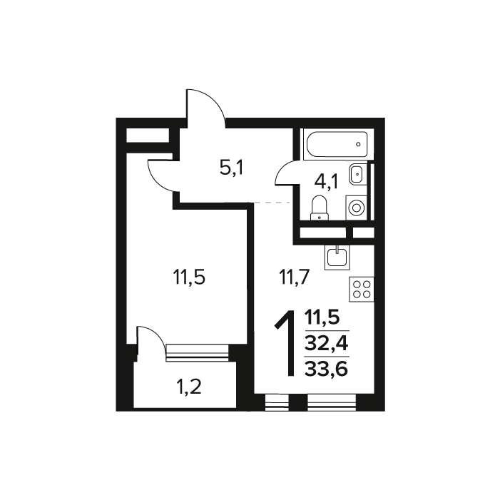 1 ккв 33,6 м²