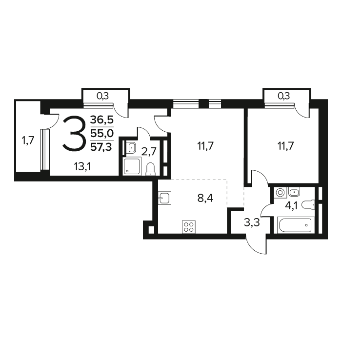 3 ккв (Евро) 57,3 м²