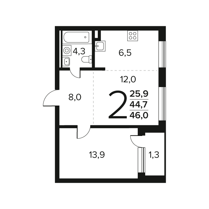 2 ккв (Евро) 46 м²