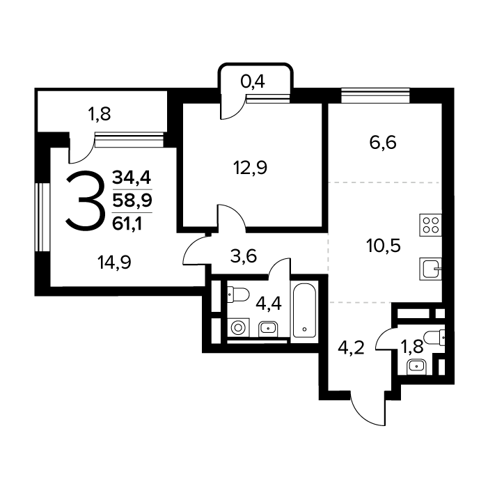 3 ккв (Евро) 61,1 м²