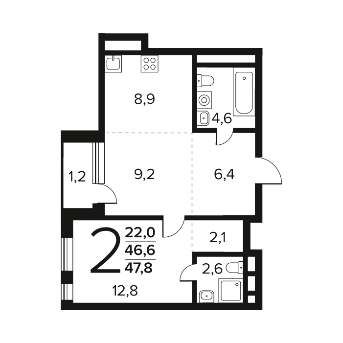 2 ккв (Евро) 47,8 м²