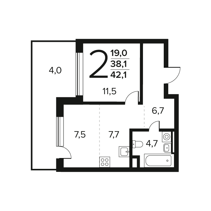 2 ккв (Евро) 42,1 м²
