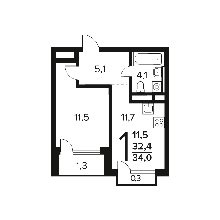 1 ккв 34 м²