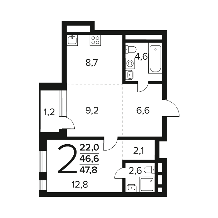 2 ккв (Евро) 47,8 м²