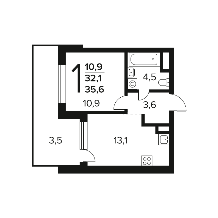 1 ккв 35,6 м²